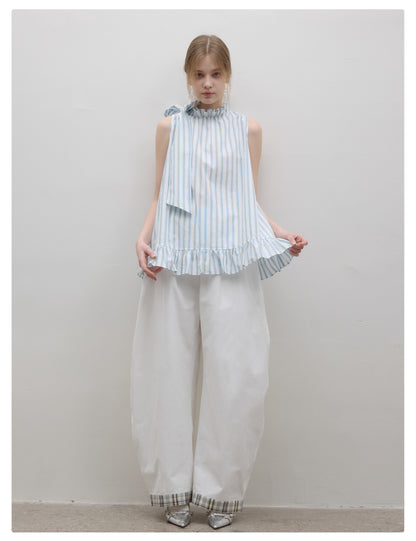 Ruffled High Collar Sleeveless Stripe Top With Neck Tie