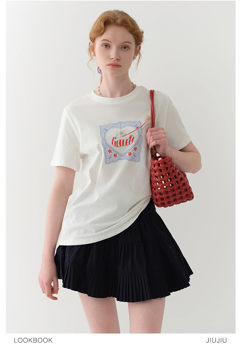 Illustrated Cat Print Cotton T-Shirt