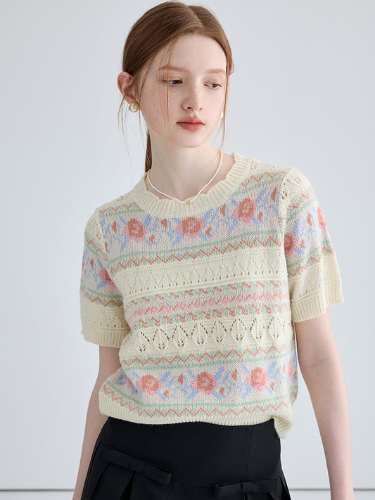 Scallop Neck Floral Jacquard Knit Top