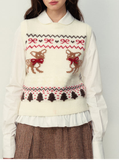 Wool Blend Fair Isle Fawn Knit Vest