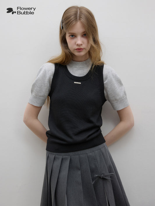 Contrast-Color Puff-Sleeve Knit Top With Faux-Layered Vest