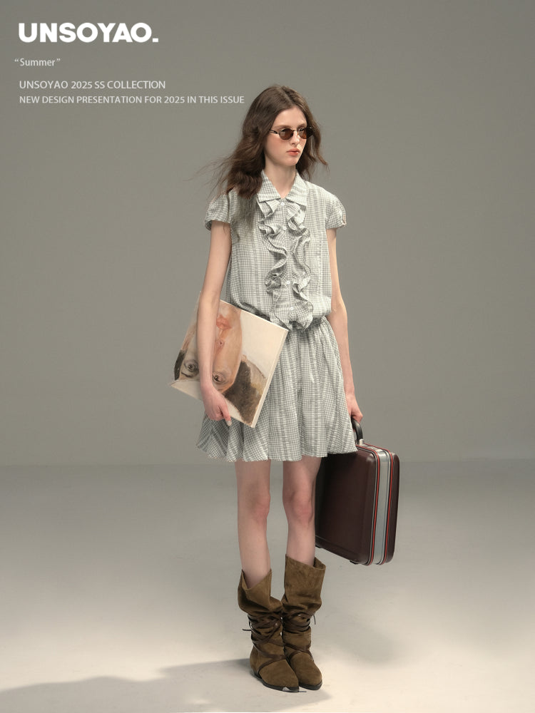 Cinched Waist Embroidered Gingham Dress