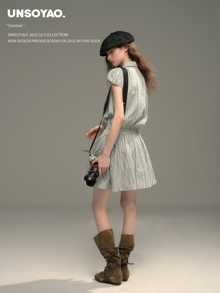 Cinched Waist Embroidered Gingham Dress