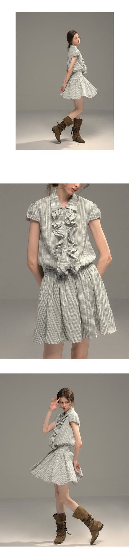 Cinched Waist Embroidered Gingham Dress