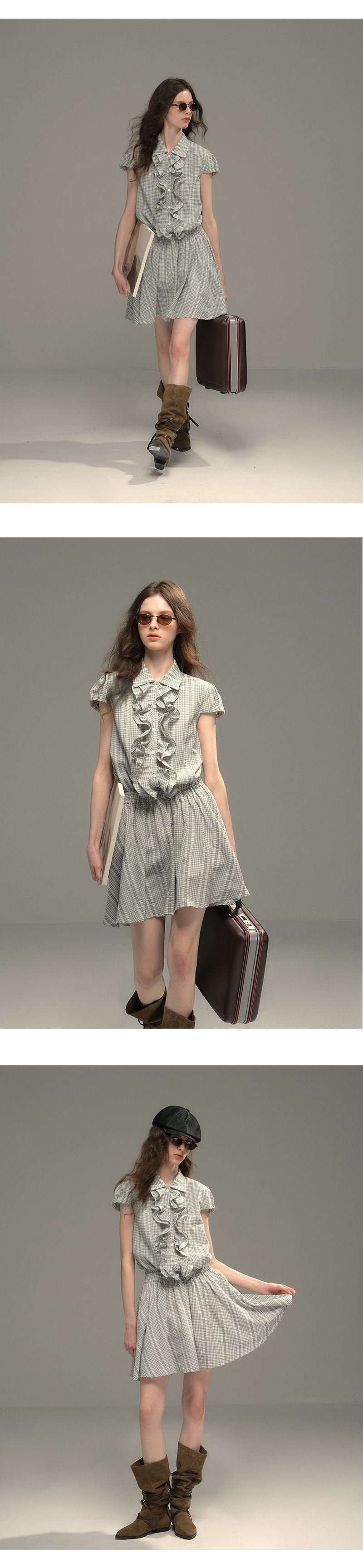 Cinched Waist Embroidered Gingham Dress