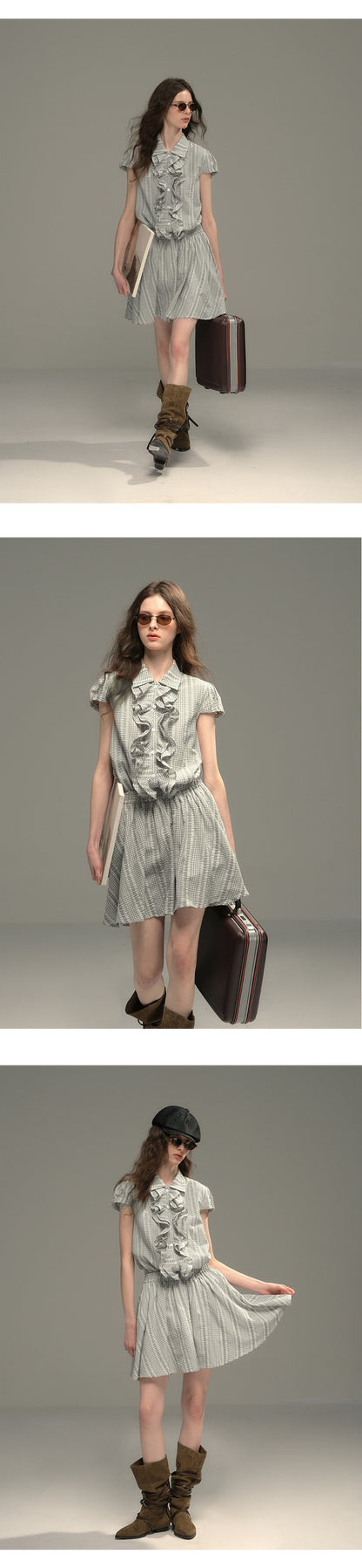 Cinched Waist Embroidered Gingham Dress