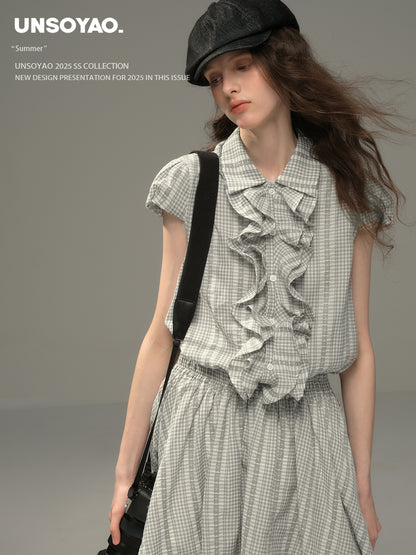 Cinched Waist Embroidered Gingham Dress