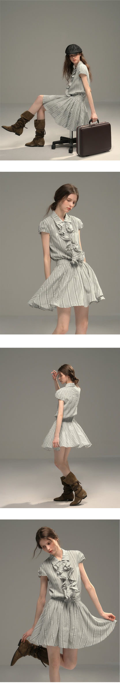 Cinched Waist Embroidered Gingham Dress