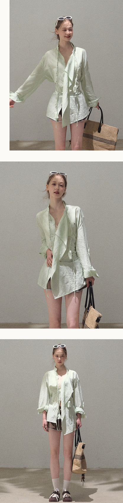 Braid-Accent Draped Shirt In Linen Cotton Blend