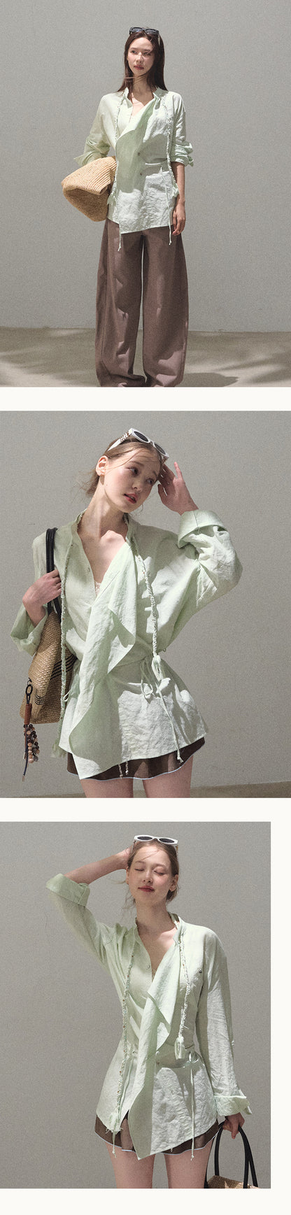 Braid-Accent Draped Shirt In Linen Cotton Blend