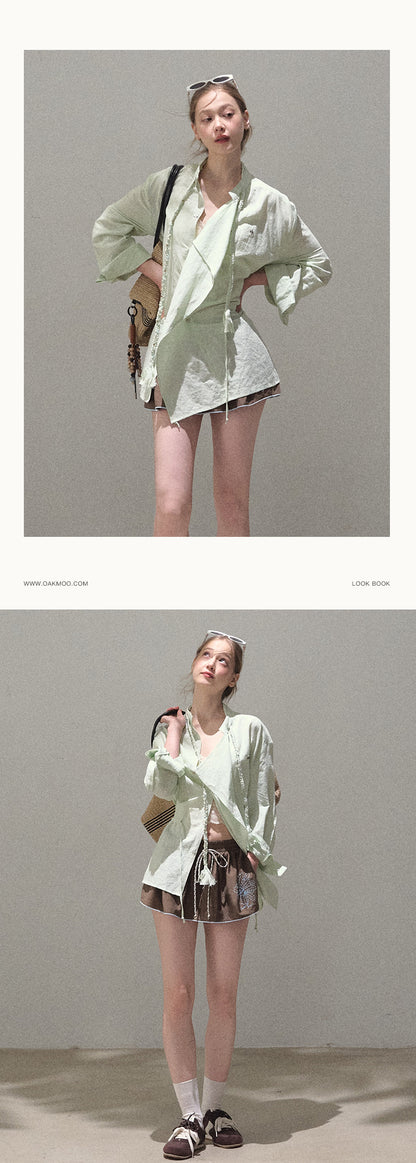 Braid-Accent Draped Shirt In Linen Cotton Blend