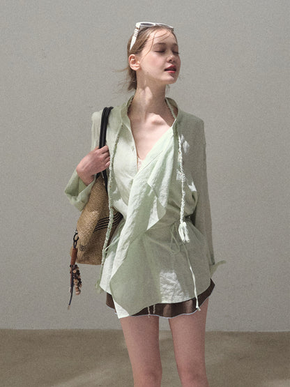 Braid-Accent Draped Shirt In Linen Cotton Blend