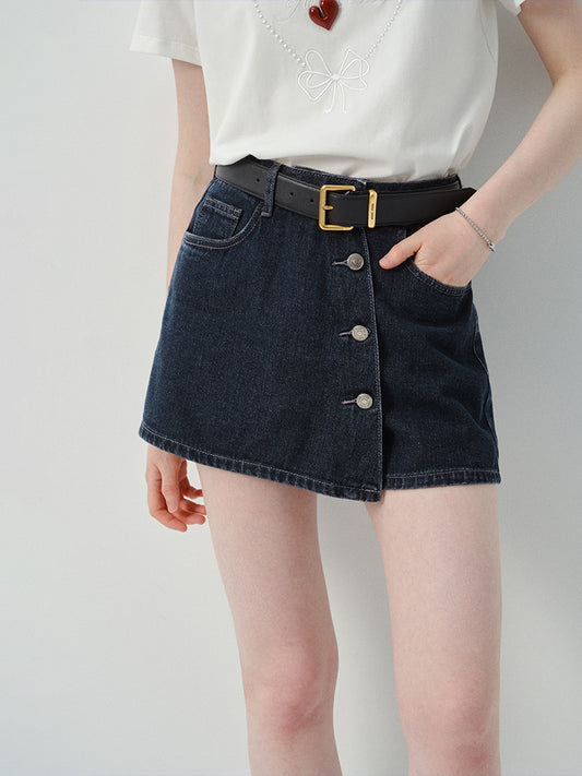 Asymmetric Button-Front Denim Skirt Pants