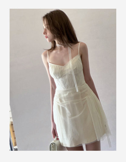 Ruched Sheer Overlay Cami Dress