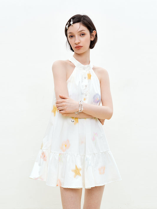 Printed Button-Front Sleeveless A-Line Dress