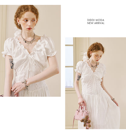 Embroidered Puff-Sleeve Dress In Short And Long Lengths