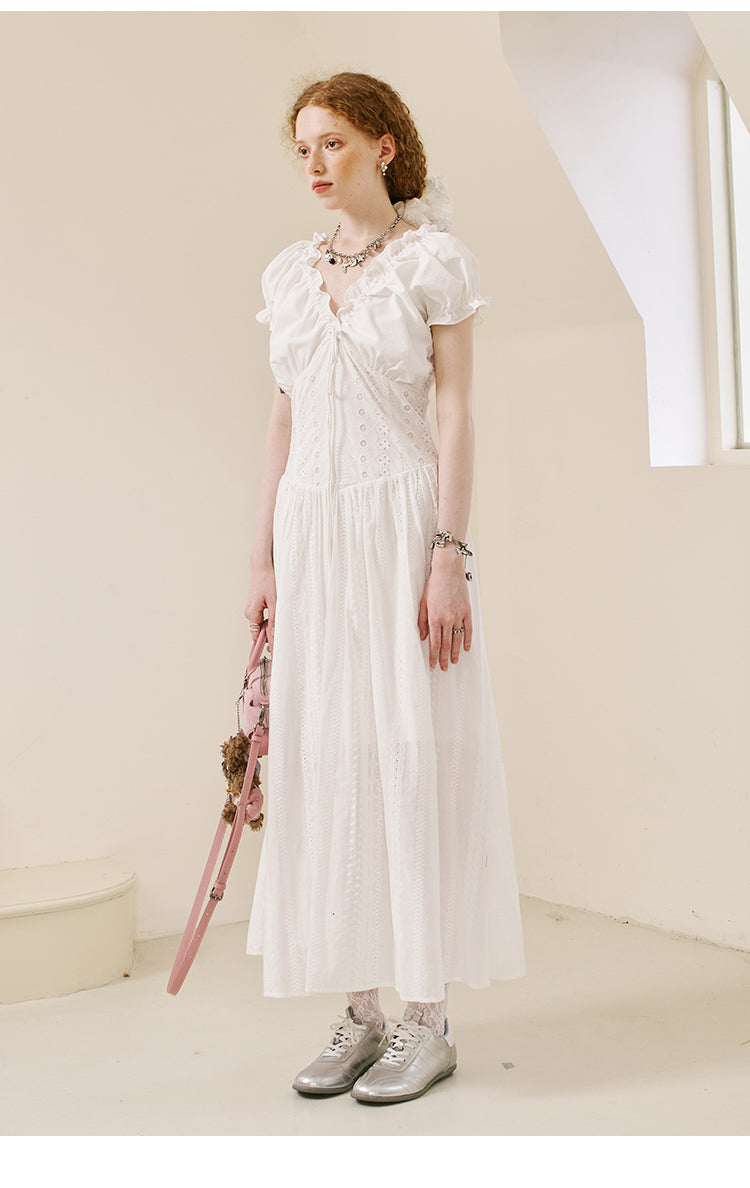 Embroidered Puff-Sleeve Dress In Short And Long Lengths