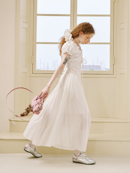 Embroidered Puff-Sleeve Dress In Short And Long Lengths