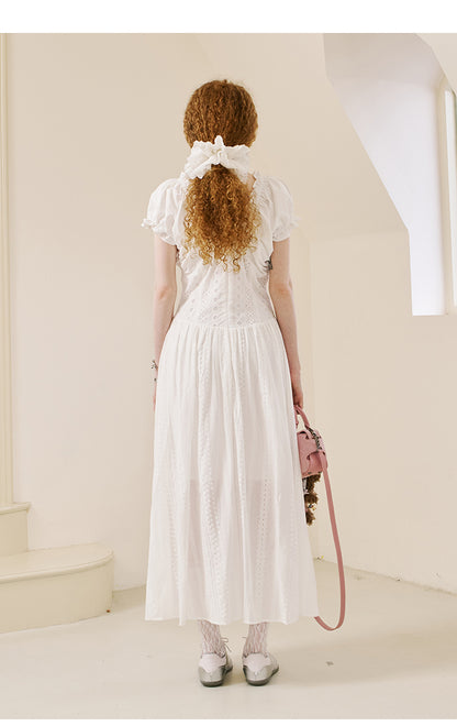 Embroidered Puff-Sleeve Dress In Short And Long Lengths