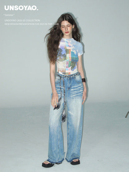 Graphic Print Pleated Crop T-Shirt