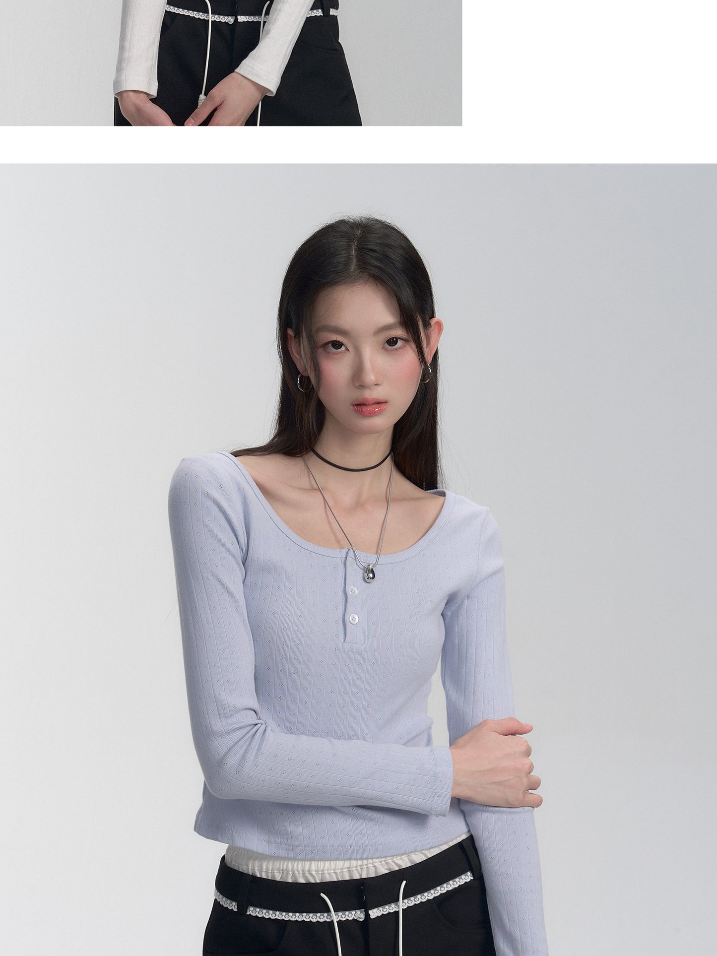 Pure Cotton Pointelle Henley Neck T-Shirt