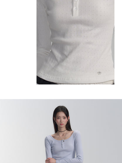 Pure Cotton Pointelle Henley Neck T-Shirt