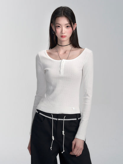 Pure Cotton Pointelle Henley Neck T-Shirt