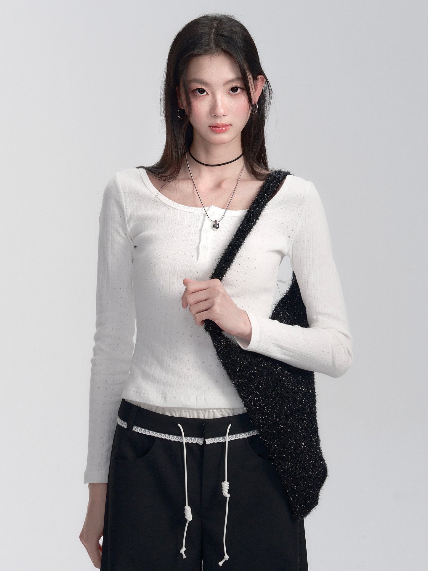 Pure Cotton Pointelle Henley Neck T-Shirt