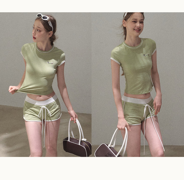 Tipped Sporty Tee And Shorts With Embroidery
