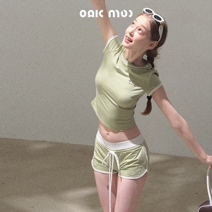 Tipped Sporty Tee And Shorts With Embroidery