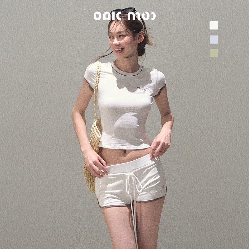 Tipped Sporty Tee And Shorts With Embroidery