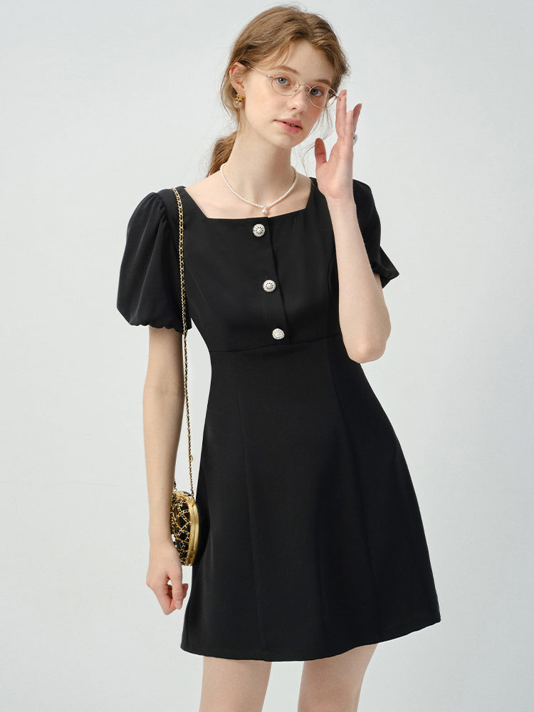 Bijou Button Bubble-Sleeve Fitted Dress