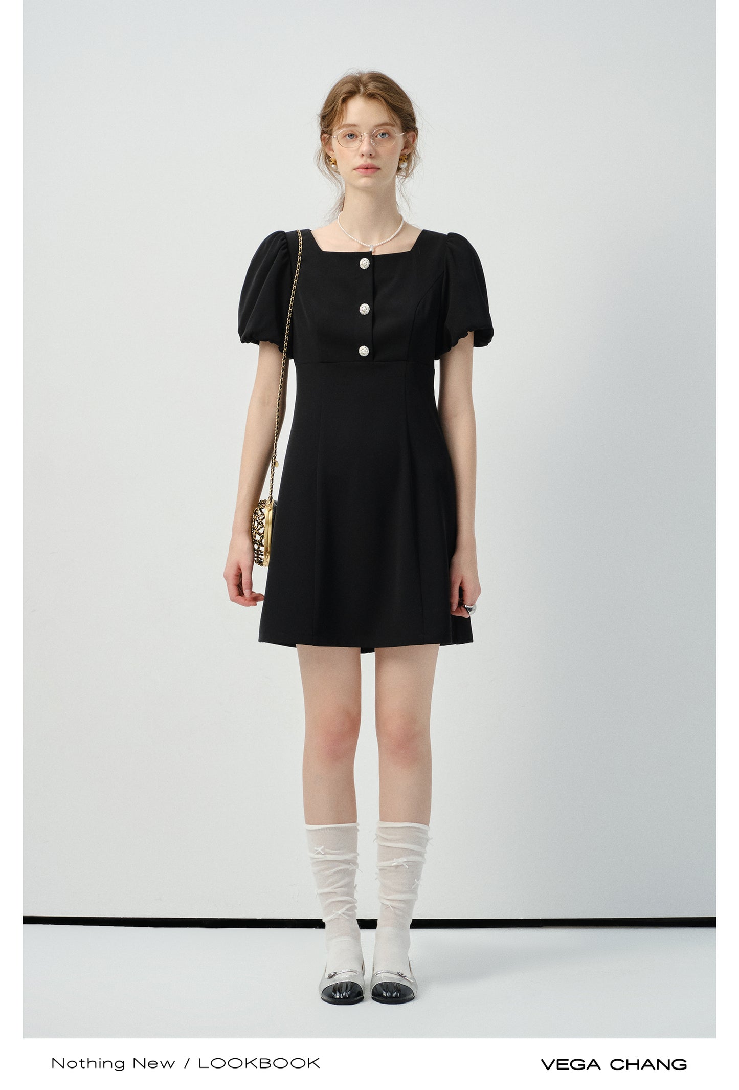 Bijou Button Bubble-Sleeve Fitted Dress