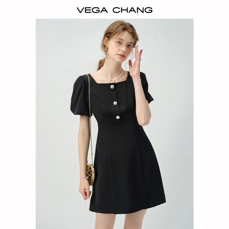 Bijou Button Bubble-Sleeve Fitted Dress