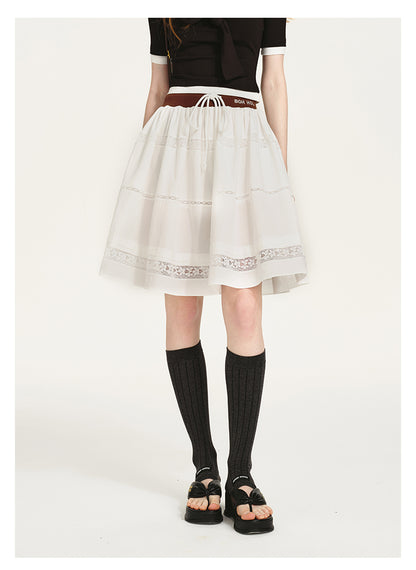 Lace-Panel Draped Skirt With Contrast Waistband