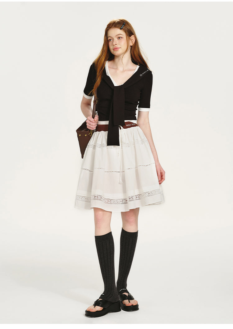 Lace-Panel Draped Skirt With Contrast Waistband