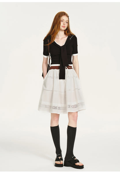 Lace-Panel Draped Skirt With Contrast Waistband