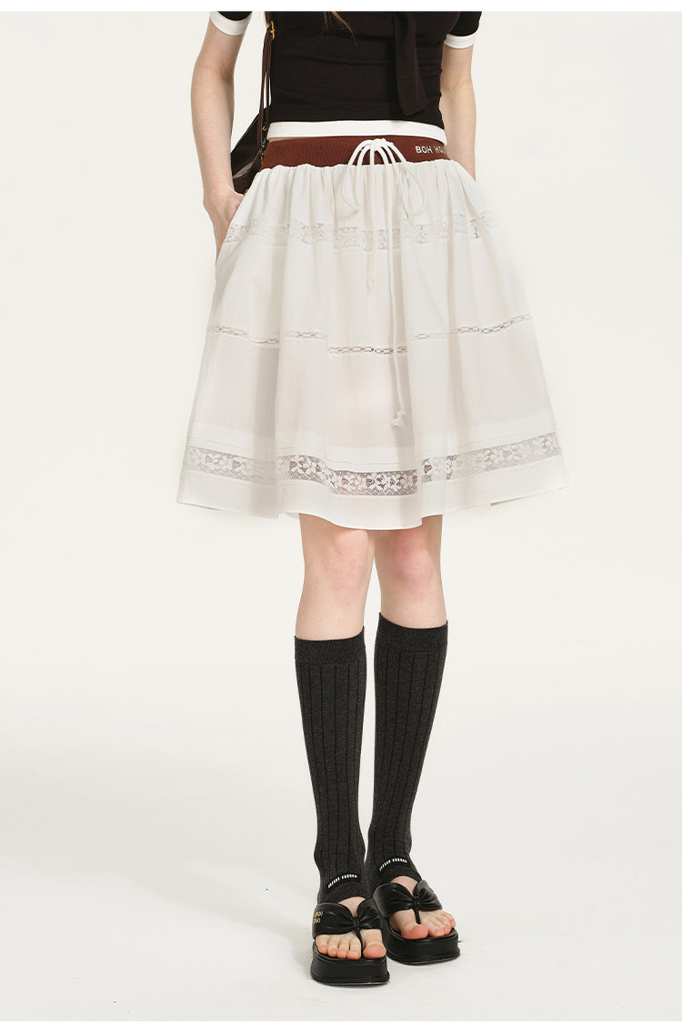 Lace-Panel Draped Skirt With Contrast Waistband