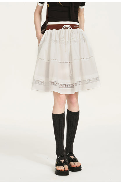 Lace-Panel Draped Skirt With Contrast Waistband