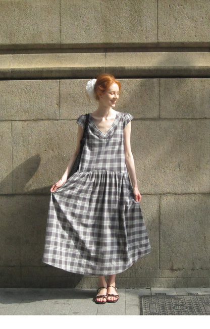 Relaxed Fit Grid Cotton Dress With Cap Sleeves