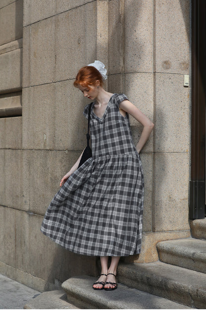 Relaxed Fit Grid Cotton Dress With Cap Sleeves