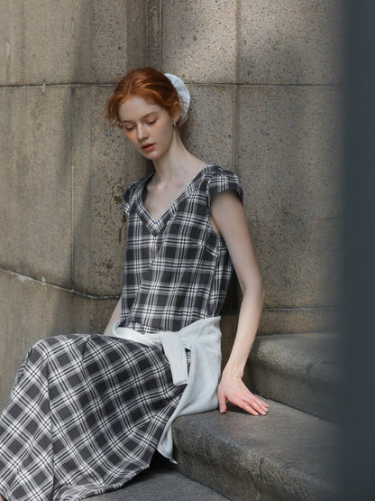 Relaxed Fit Grid Cotton Dress With Cap Sleeves