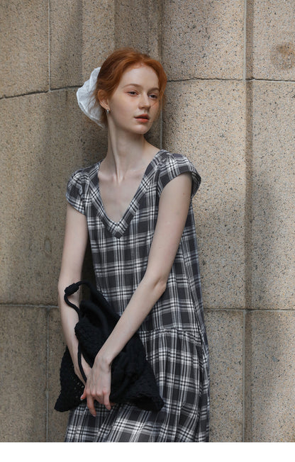 Relaxed Fit Grid Cotton Dress With Cap Sleeves