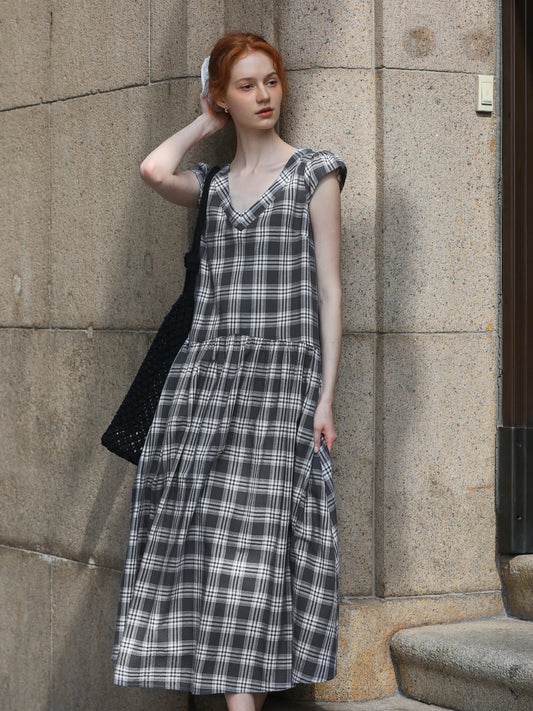 Relaxed Fit Grid Cotton Dress With Cap Sleeves