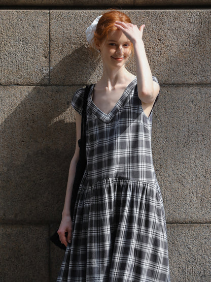Relaxed Fit Grid Cotton Dress With Cap Sleeves