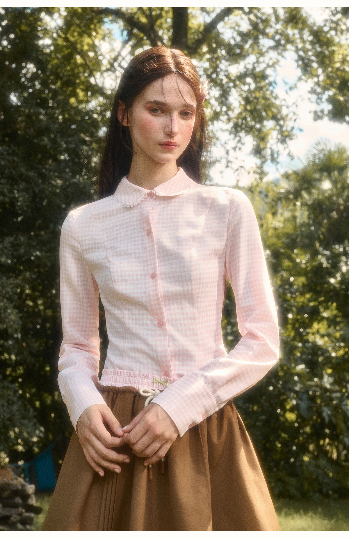 Two-Tone Plaid Peter Pan Collar Cotton Blouse