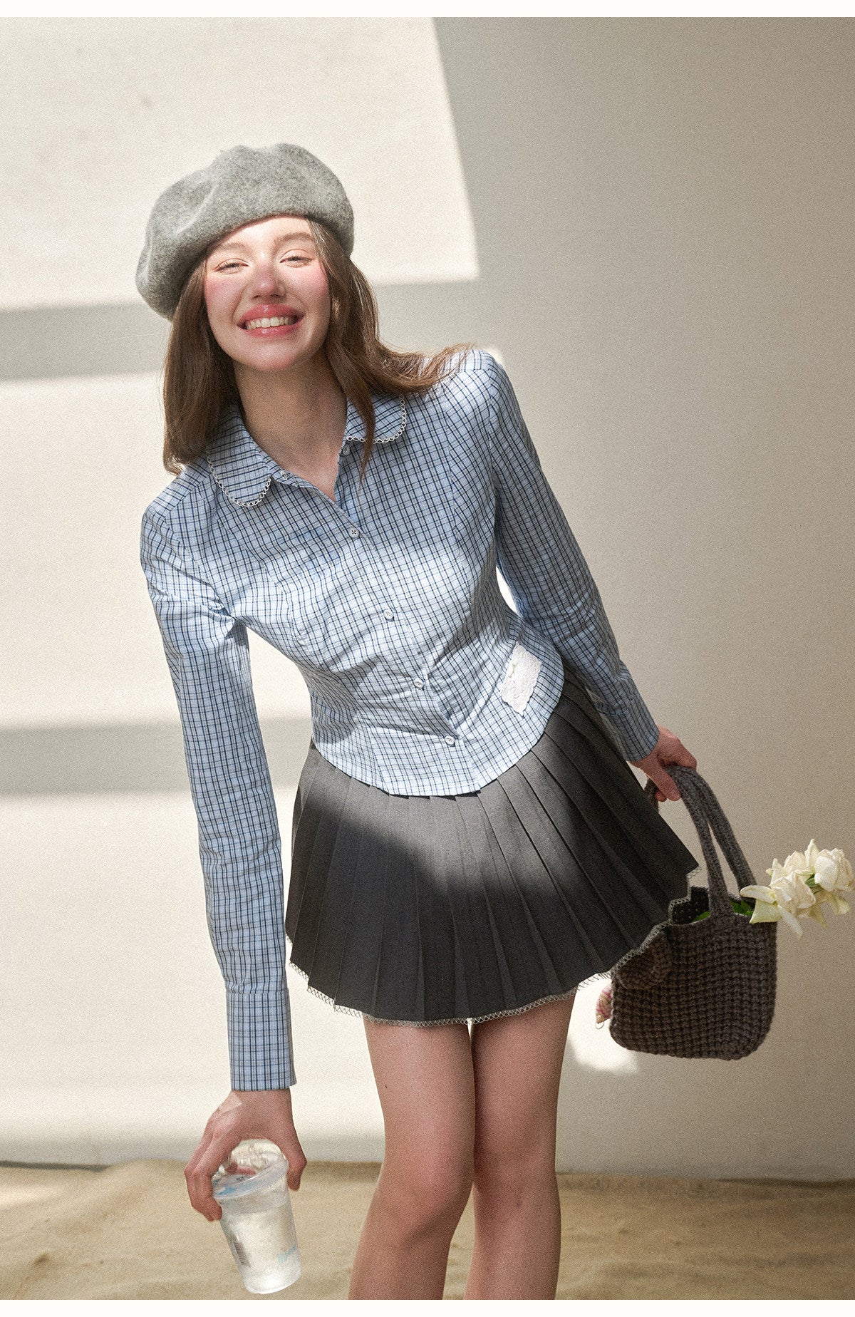 Two-Tone Plaid Peter Pan Collar Cotton Blouse