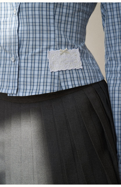 Two-Tone Plaid Peter Pan Collar Cotton Blouse