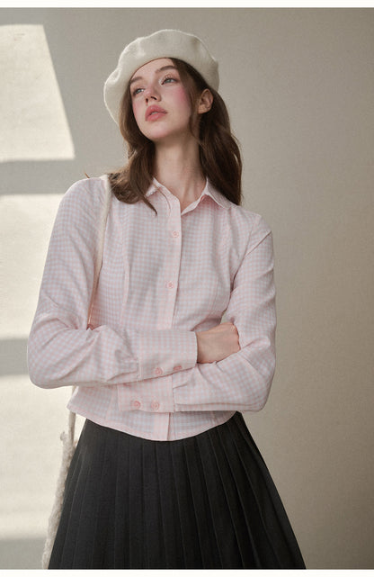 Two-Tone Plaid Peter Pan Collar Cotton Blouse