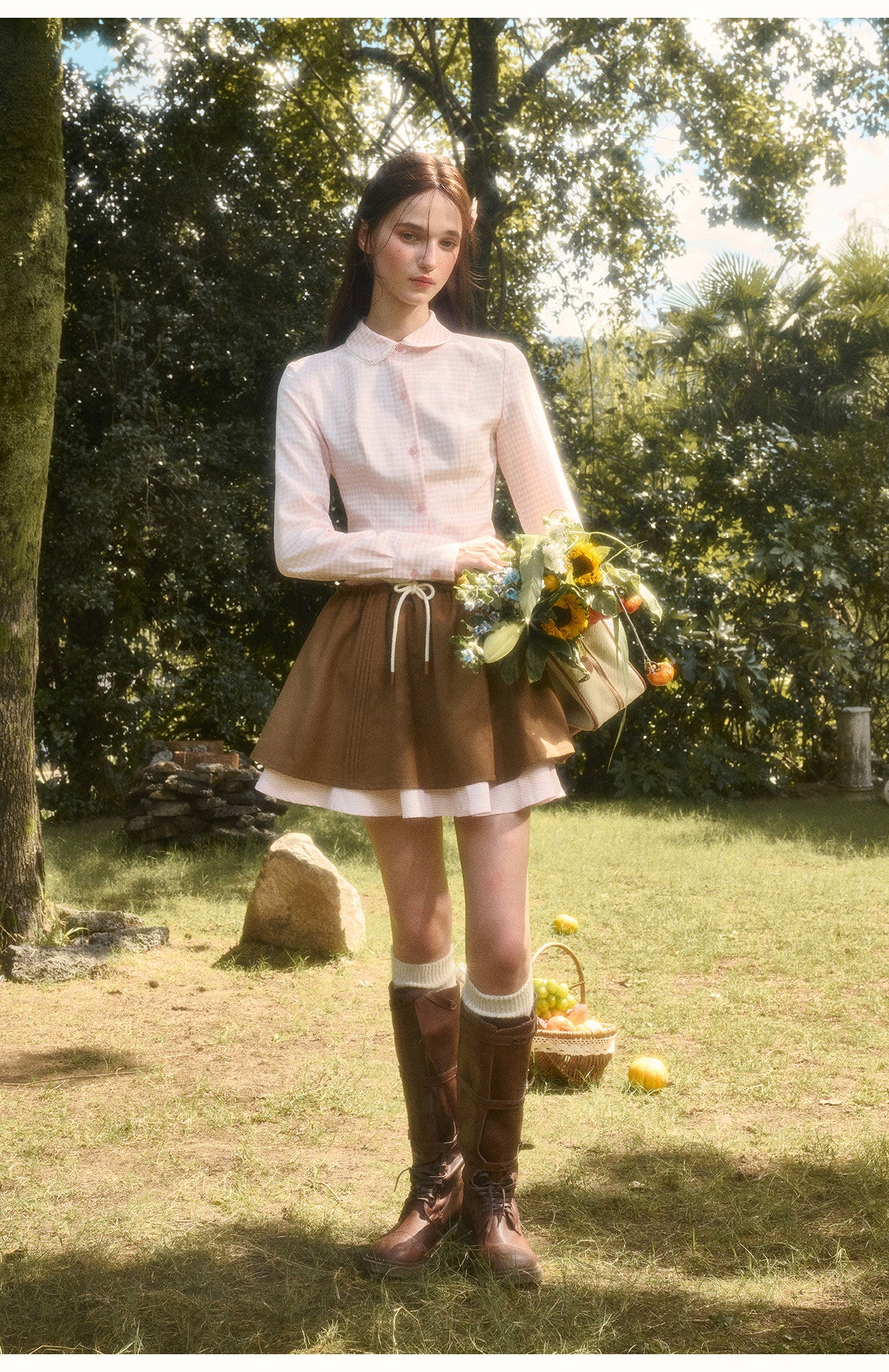 Two-Tone Plaid Peter Pan Collar Cotton Blouse